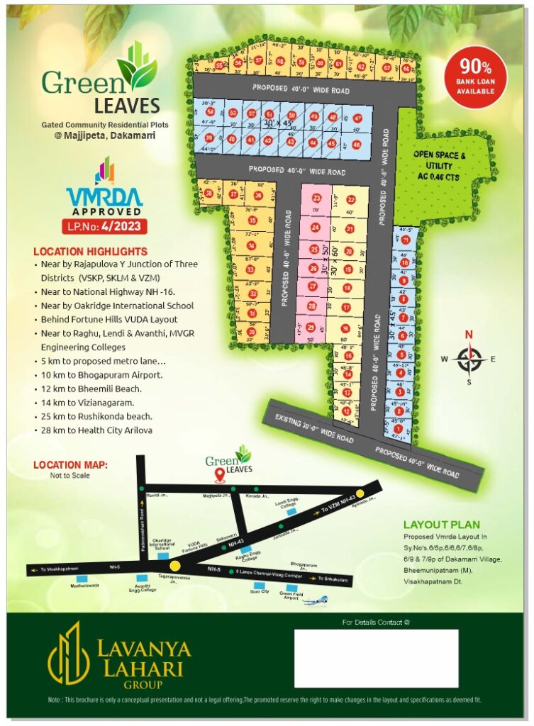 Low-cost land near to Visakhapatnam for residential plots in Lavanya Lahari Group Green Leaves Project at Dakamarri.