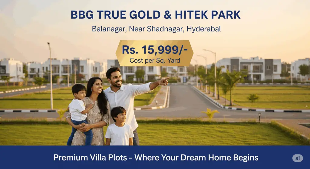 Happy Indian family standing in front of villa plots at BBG True Gold & HiTek Park, Balanagar, Near Shadnagar, Hyderabad with price highlight Rs. 15,999/- per Sq. Yard and caption 'Premium Villa Plots – Where Your Dream Home Begins'.