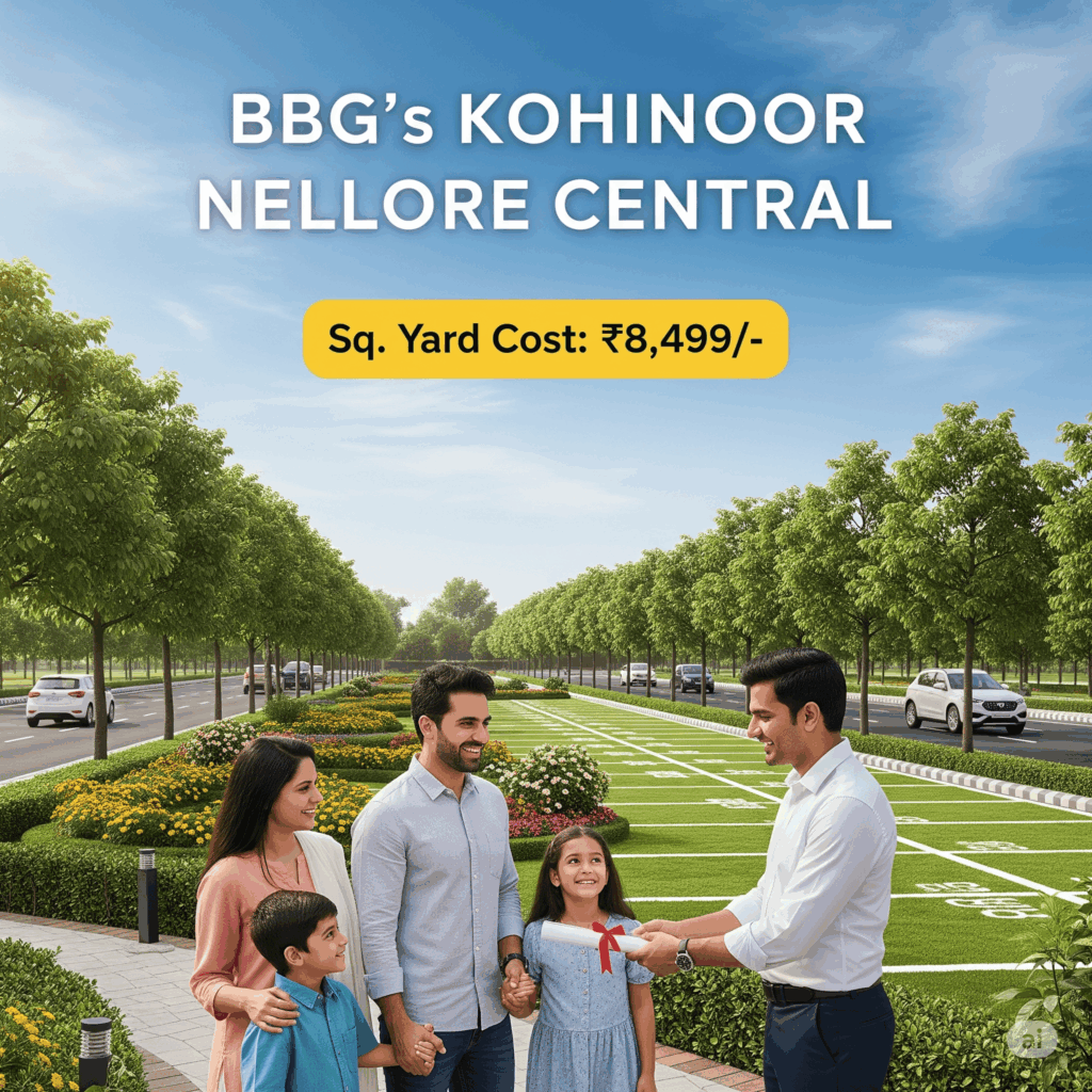 Happy family receiving property documents for plots at BBG Kohinoor Nellore Central in Damavaram, showcasing a modern real estate development with green landscapes and national highway access, priced at ₹8,499 per sq. yard.