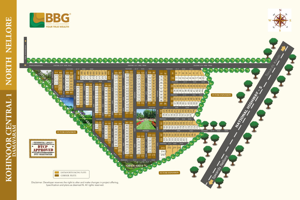 Comprehensive layout plan of BBG Kohinoor Nellore Central residential plots for sale, featuring detailed infrastructure and plot configurations within this premier gated community in Damavaram, Nellore.