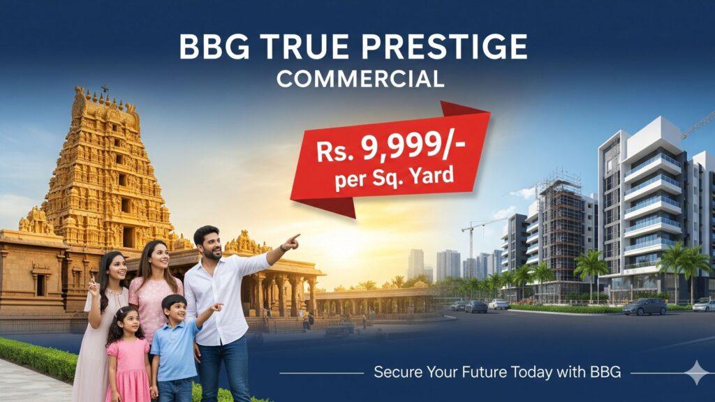 BBG TRUE PRESTIGE COMMERCIAL with Yadadri Temple backdrop and happy family site visit