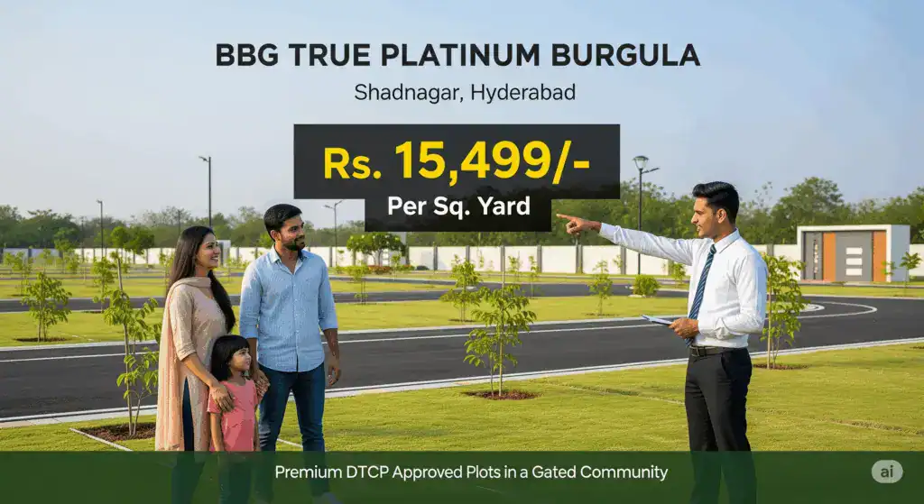 Happy family visiting BBG True Platinum Burgula DTCP Approved Plots in Shadnagar Hyderabad with a sales executive showcasing Rs. 15,499 per sq. yard offer.